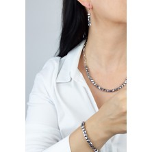 Liveyn Design Küp Kristal Gümüş Zincir Kolye Bileklik Küpe Set