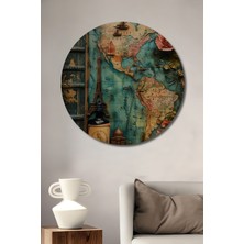 Teona Ahşap Ahşap Dekoratif Tablo Dünya Haritası Eyfel Kulesi Yağlı Boya Görünümlü Sanat Eseri Yuvarlak Tablo