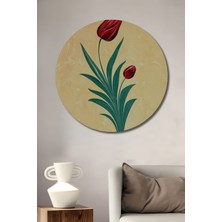 Teona Ahşap Kırmızı Lale Yağlı Boya Görünümlü Ahşap Dekoratif Tablo Yuvarlak Tablo