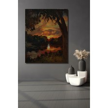 Teona Ahşap Günbatımında Yağlı Boya Görünümlü Göl Manzarası Ahşap Dekoratif Tablo Dikdörtgen Tablo