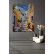 Teona Ahşap Santorini Sokak Manzarası Yağlı Boya Görünümlü Dekoratif Ahşap Tablo Dikdörtgen Tablo