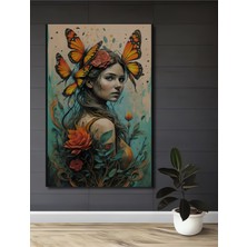 Teona Ahşap Kelebekli Kadın Yağlı Boya Görünümlü Ahşap Dekoratif Tablo Dikdörtgen Tablo