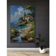 Teona Ahşap Akdeniz Sahil Kasabası Sulu Boya Görünümlü Ahşap Dekoratif Tablo Dikdörtgen Tablo