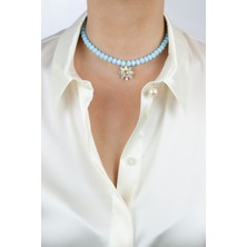 Liveyn Design Çiçek Figür Kristal Uçlu Mavi Kolye