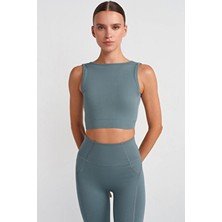 COMEUP Göğüs Pedli Rib Dokulu Sırtı Çapraz Crop Top İkonik Mavi