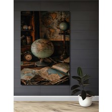 Teona Ahşap Ahşap Tablo Dünya Haritası ve Antika Obje Yağlı Boya Görünümlü Sanat Eseri Dikdörtgen Tablo