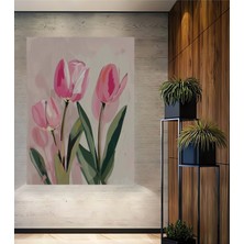 Teona Ahşap Pembe Lale Baharı Yağlı Boya Görünümlü Ahşap Dekoratif Tablo Dikdörtgen Tablo