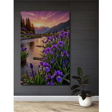 Teona Ahşap Mor Süsenler ve Gün Batımı Yağlı Boya Görünümlü Ahşap Dekoratif Tablo Dikdörtgen Tablo