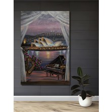 Teona Ahşap Sydney Opera Binası ve Piyano Yağlı Boya Görünümlü Ahşap Dekoratif Tablo Dikdörtgen Tablo