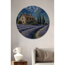 Teona Ahşap Lavanta Tarlası Ev Manzarası Yağlı Boya Görünümlü Ahşap Dekoratif Tablo Yuvarlak Tablo