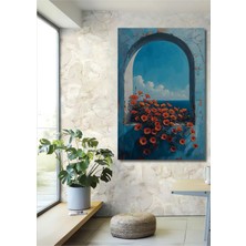 Teona Ahşap Mavi Pencereden Görünen Kırmızı Gelincikler Yağlı Boya Görünümlü Ahşap Tablo Dikdörtgen Tablo