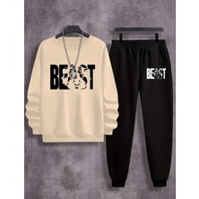 Punix Punıx Büyük Beden Özel Seri Yuvarlak Yaka Beast Baskılı %100 Pamuk Kışlık Erkek Eşofman Takımı