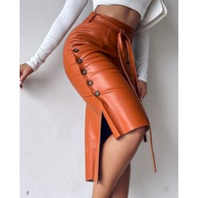 Etiler Collection Kadın Yüksek Bel Kuşaklı Yanlardan Düğmeli Mini Deri Etek