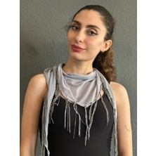 Gönülden Tasarım Zincir Püsküllü Gri Kadın Fular Şal 150X35 cm