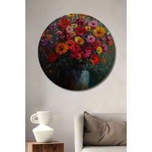 Teona Ahşap Renkli Çiçekler Yağlı Boya Görünümlü Ahşap Dekoratif Tablo Yuvarlak Tablo