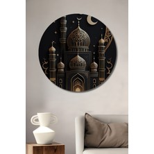 Teona Ahşap Ramazan Ahşap Dekoratif Tablo Altın Işıltılı Camii Yağlı Boya Görünümlü Modern Sanat Yuvarlak Tablo
