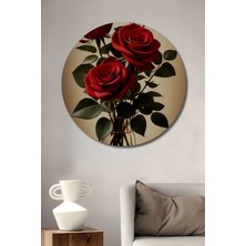 Teona Ahşap Kırmızı Güller Yağlı Boya Görünümlü Ahşap Dekoratif Tablo Yuvarlak Tablo