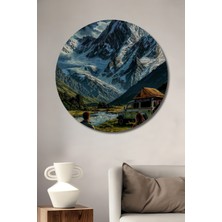 Teona Ahşap Dağ Manzarası Yağlı Boya Görünümlü Ahşap Dekoratif Tablo Yuvarlak Tablo