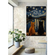 Teona Ahşap Van Gogh Tarzı Kedili Yağlı Boya Görünümlü Ahşap Dekoratif Tablo Dikdörtgen Tablo