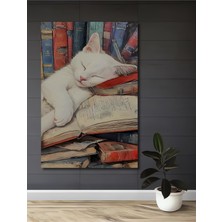 Teona Ahşap Uyuyan Kedi ve Kitaplar Yağlı Boya Görünümlü Ahşap Dekoratif Tablo Dikdörtgen Tablo