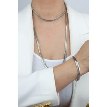 Liveyn Design Ezme Zincir Gümüş Renk Ikili Kolye Bileklik Set