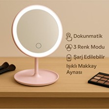 LED Işıklı Dokunmatik Makyaj Aynası Pembe Cam Tasarım 360° Döner Başlık ile Şık Kullanım