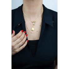 Liveyn Design Üç Sıralı Ince Zincir Balık ve Istiridye Figürlü Gold Kolye