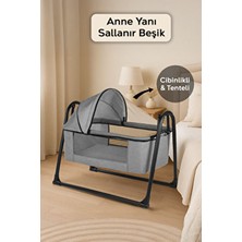Meleni Baby Sallanır Anne Yanı Beşik - Fileli Portatif Bebek Beşiği Cibinlikli Sepet Beşik Gri