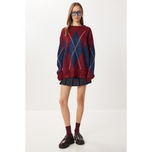 Happiness İstanbul Baklava Desenli Oversize Triko Kazak LFN0124 Bordo Lacivert