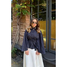 Emnora Gold Düğmeli Denim Panço Lacivert