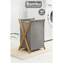 Meleni Home Katlanır Bambu Çamaşır Sepeti - Yıkanabilir Iç Hazneli Natural Kirli Çamaşır Sepeti 40 Lt Gri