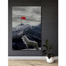 Teona Ahşap Kurt ve Türk Bayrağı Ahşap Dekoratif Tablo Yağlı Boya Görünümlü Modern Sanat Dikdörtgen Tablo