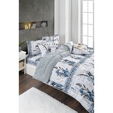 ChicMaison Çift Kişilik Pofuduk Uyku Seti Lastikli Çarşaflı Mavi Dal 195 x 215 cm Çiçek Desenli Ranforce