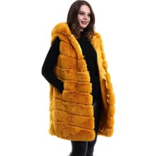 Aesco Kapşonlu Peluş Kürk Yelek Premium Kalite, Tam Astarlı, Uzun Model - Sarı