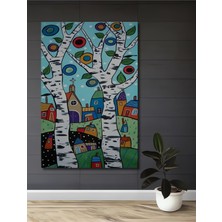 Teona Ahşap Sevimli Evler ve Ağaçlar Yağlı Boya Görünümlü Ahşap Dekoratif Tablo Dikdörtgen Tablo