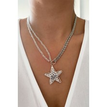 Liveyn Design Şeffaf Kristal Yıldız Uçlu Gümüş Renk Kolye