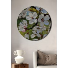 Teona Ahşap Zarif Beyaz Çiçek Yağlı Boya Görünümlü Ahşap Dekoratif Tablo Yuvarlak Tablo