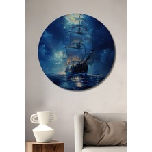 Teona Ahşap Mavi Denizde Yelkenli Yağlı Boya Görünümlü Dekoratif Ahşap Tablo Yuvarlak Tablo
