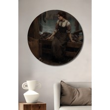 Teona Ahşap Deniz Kenarında Balıkçı Kız Yağlı Boya Görünümlü Klasik Sanat Ahşap Dekoratif Tablo Yuvarlak Tablo