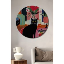 Teona Ahşap Gızemlı Kara Kedi Yağlı Boya Görünümlü Modern Sanat Ahşap Tablo Yuvarlak Tablo