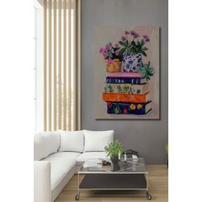 Teona Ahşap Renkli Çiçekler ve Kitaplar Yağlı Boya Görünümlü Ahşap Dekoratif Tablo Dikdörtgen Tablo