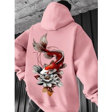 Amor Man Büyük Beden Özel Tasarım Kapüşonlu Koi Balığı Sırt Baskılı %100 Pamuk Oversize Erkek Sweatshırt