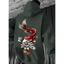 Amor Man Büyük Beden Özel Tasarım Kapüşonlu Koi Balığı Sırt Baskılı %100 Pamuk Oversize Erkek Sweatshırt