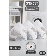 Meleni Home 3'lü Perde ve Çamaşır Yıkama Filesi Seti - Büyük Boy Ipli Yıkama Filesi 60X80 cm Beyaz