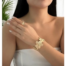 Alya's Aksesuar Altın Rengi Çiçekli Bilezik ve Yüzük Set