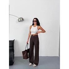 Zeo Basic Kadın Kahverengi Wide-Leg Jean Yüksek Bel Geniş Paça Kot Pantolon