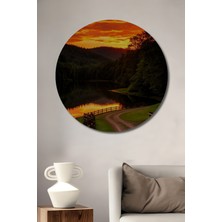 Teona Ahşap Gün Batımı Orman Manzarası Yağlı Boya Görünümlü Ahşap Dekoratif Tablo Yuvarlak Tablo