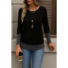 Moderie Butik Kadın Uzun Kollu Açık Yuvarlak Yaka Blok Renkli Viskon Bluz