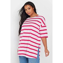 Stil Diva Büyük Beden Bisiklet Yaka Kısa Kollu Yanları Yırtmaçlı Çizgili T-Shirt 303945