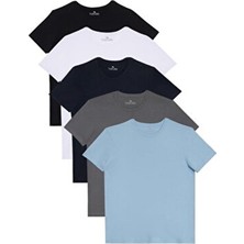 Tudors Unisex 5'li Pkt Siyah-Beyaz-Lacivert-K.Gri-A.Mavi Slim Fit Dar Kesim %100 Pamuk Bisiklet Yaka Tişört